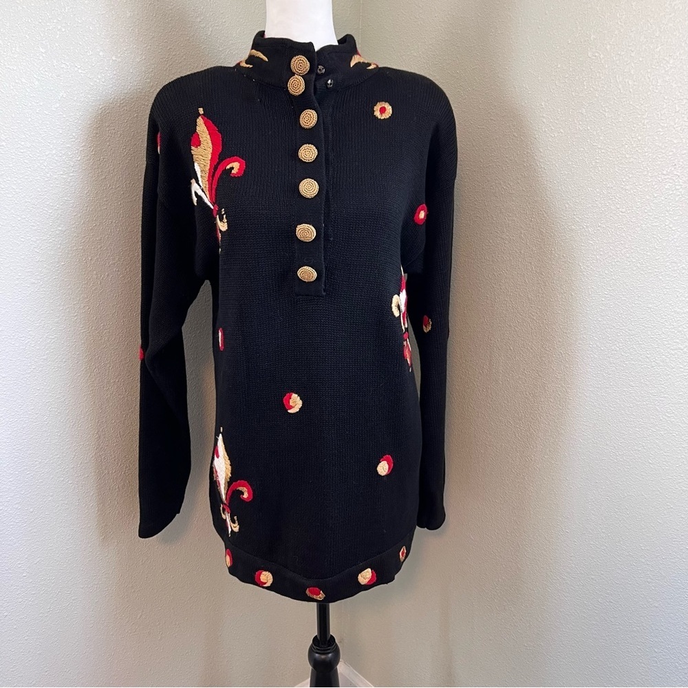 Vintage 90s Marisa Christina Lisa Nichols Size M Black Fleur De Lis Sweater
